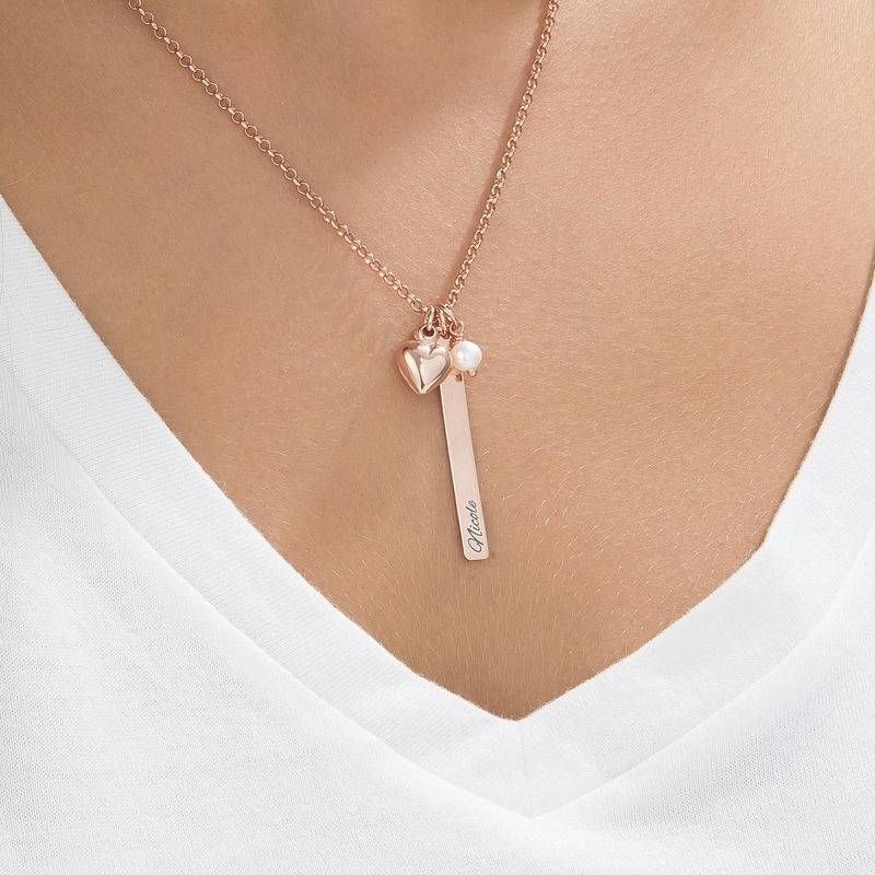 Bar Necklace with heart charm and pearl in Rose Gold Plating