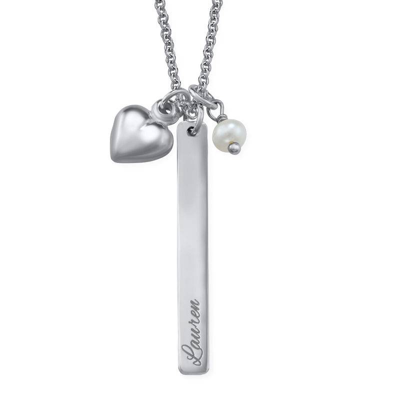 Bar Necklace with heart charm and pearl in Silver