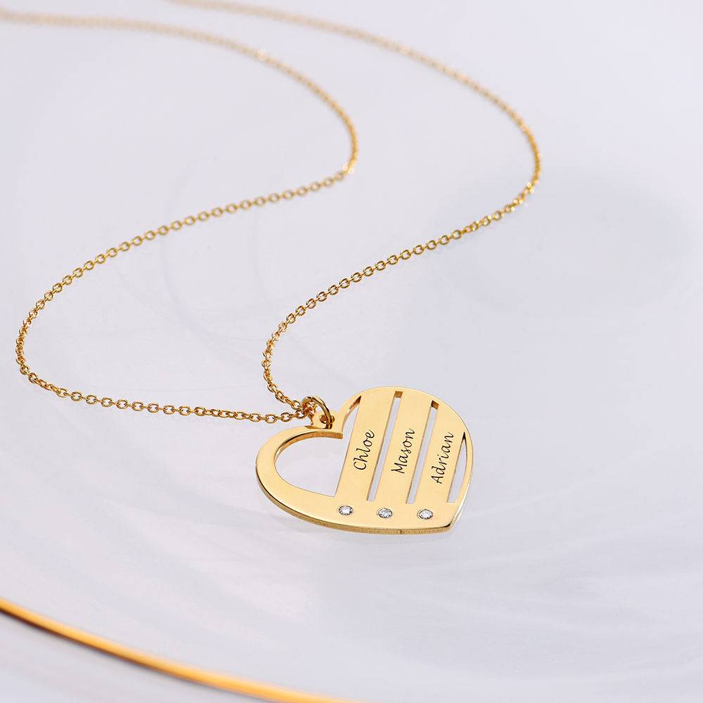 Diamond Heart Necklace with Engraved Names in 18k Gold Plating