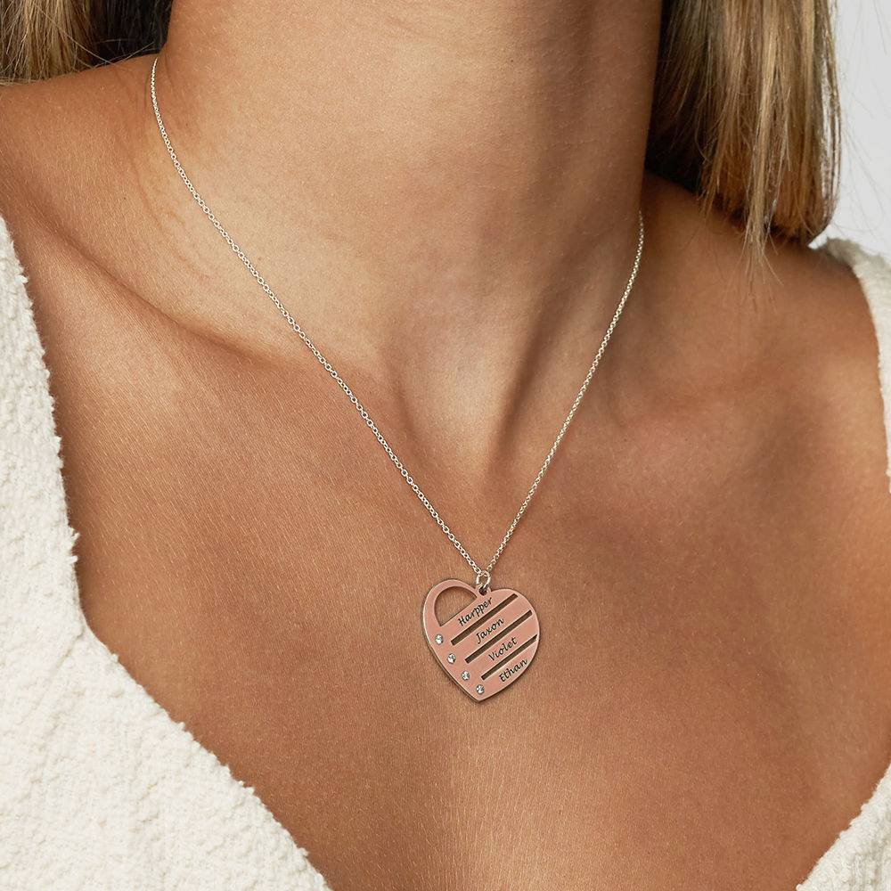 Diamond Heart Necklace with Engraved Names in 18k Rose Gold Plating