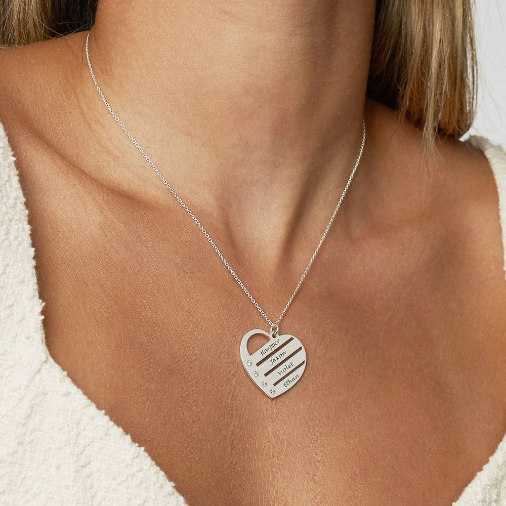 Diamond Heart Necklace with Engraved Names in Sterling Silver