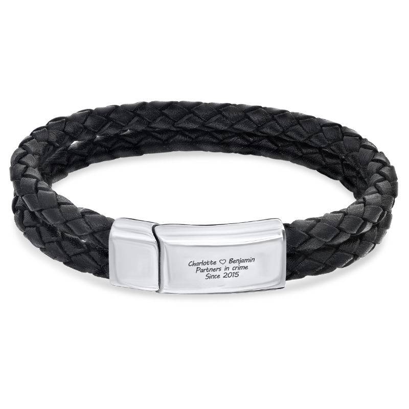Engraved Bracelet for Men in Stainless Steel and Black Leather