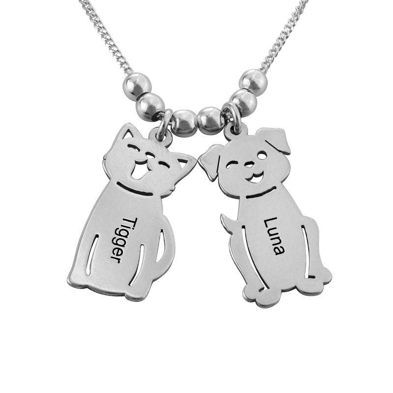 Engraved Kids Charm with Cat and Dog Charm Necklace in Silver
