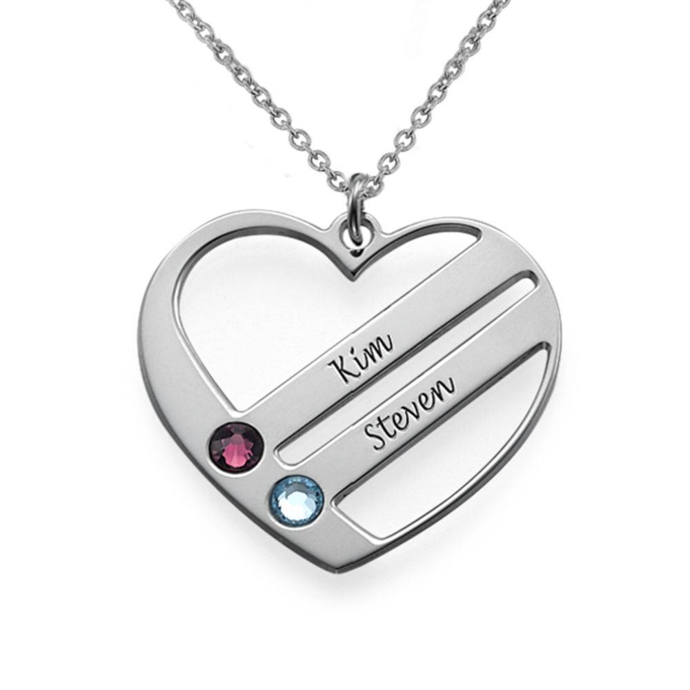 Terry Birthstone Heart Necklace with Engraved Names in Premium Silver