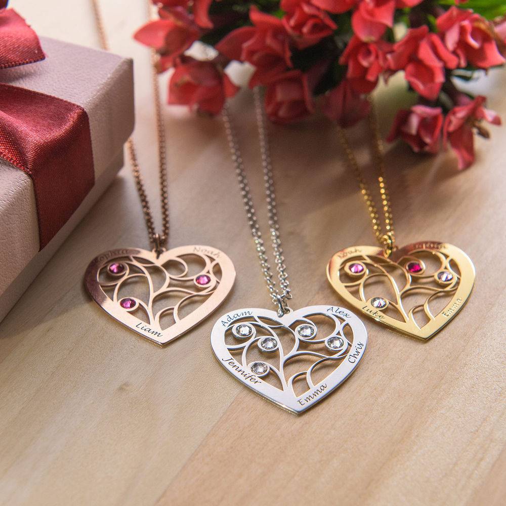 Heart Family Tree Necklace with birthstones in Rose Gold Plating