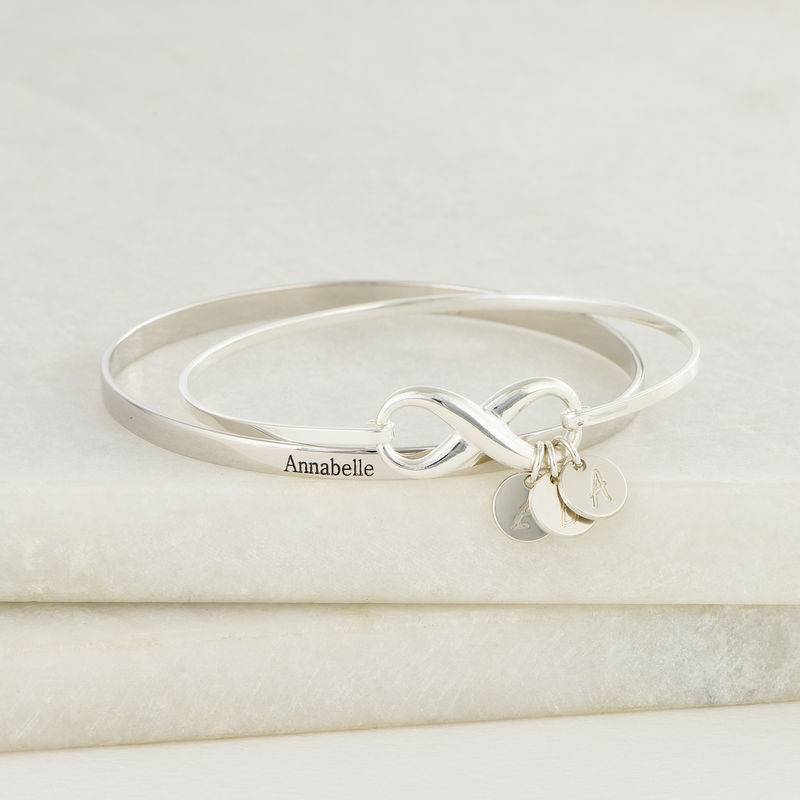 Infinity Bangle Bracelet with Initial Charms in Silver