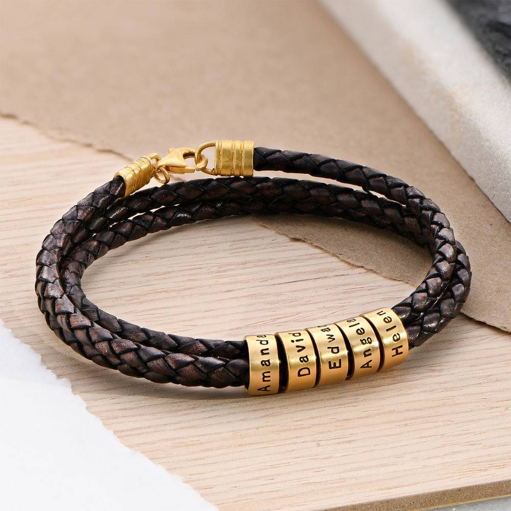 Navigator Braided Brown Leather Bracelet with Small Custom Beads in  18k Gold Vermeil
