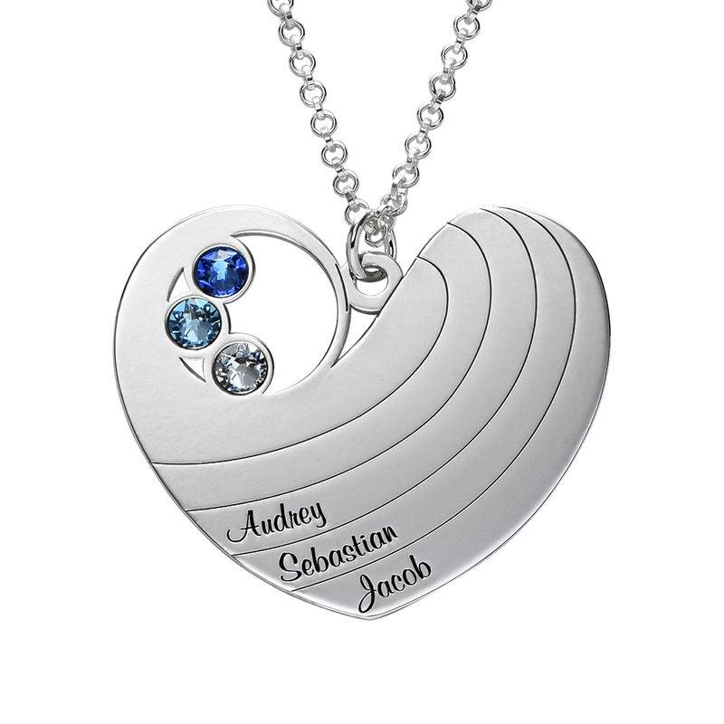 Mother Heart Necklace with Birthstones in Silver Sterling