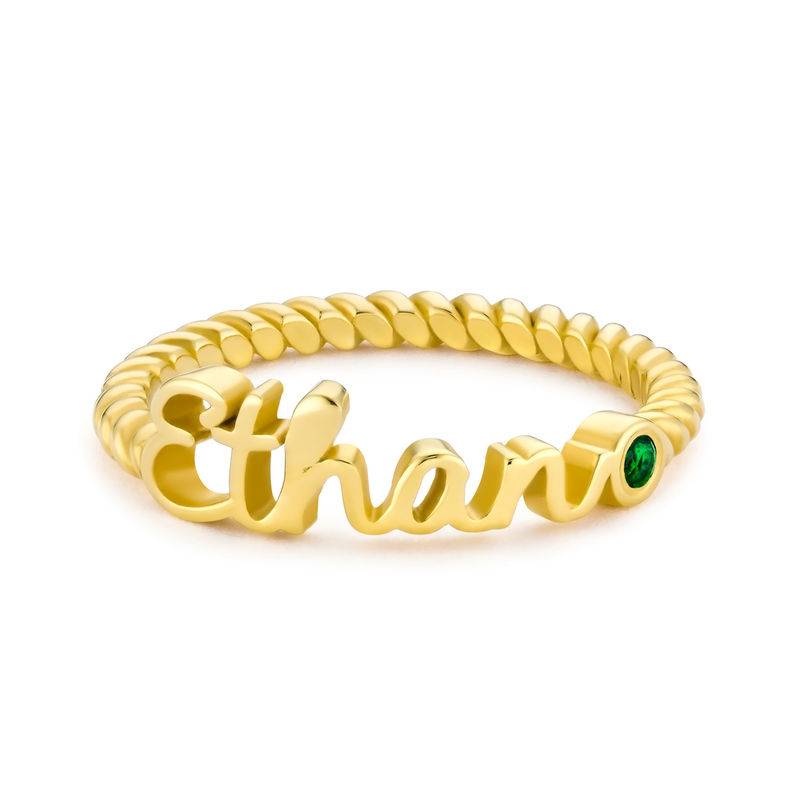 Personalized Birthstone Name Ring with Rope Band in Gold Plating
