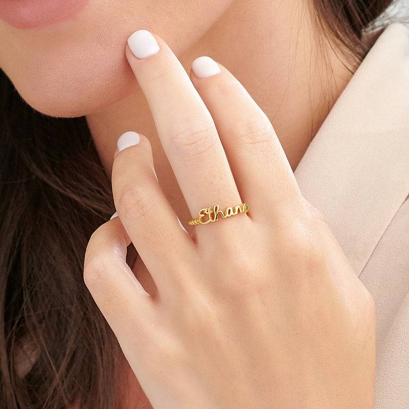 Personalized Birthstone Name Ring with Rope Band in Gold Plating