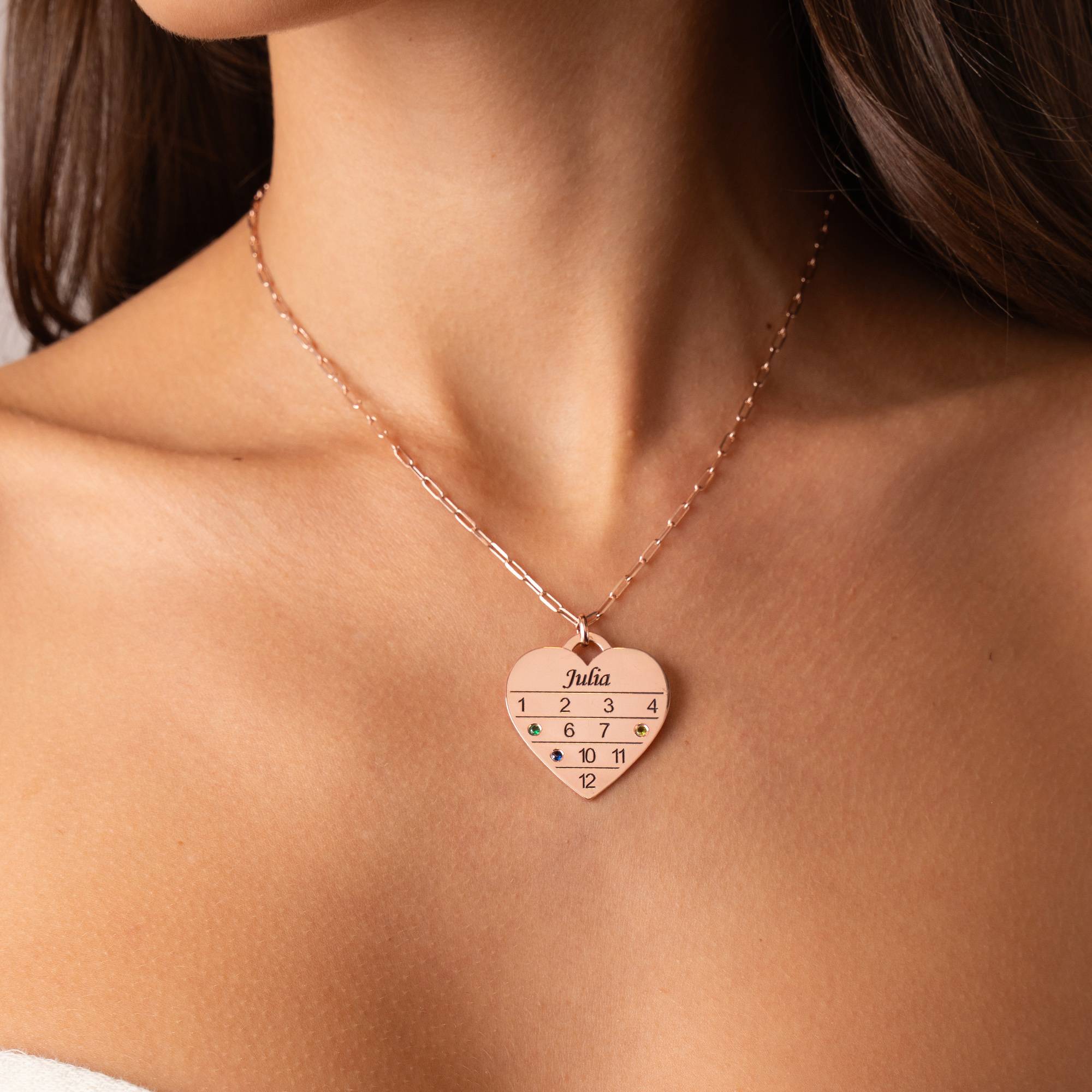 12 Month Calendar Heart Necklace with Birhtstones in 18K Rose Gold Plating-4 product photo