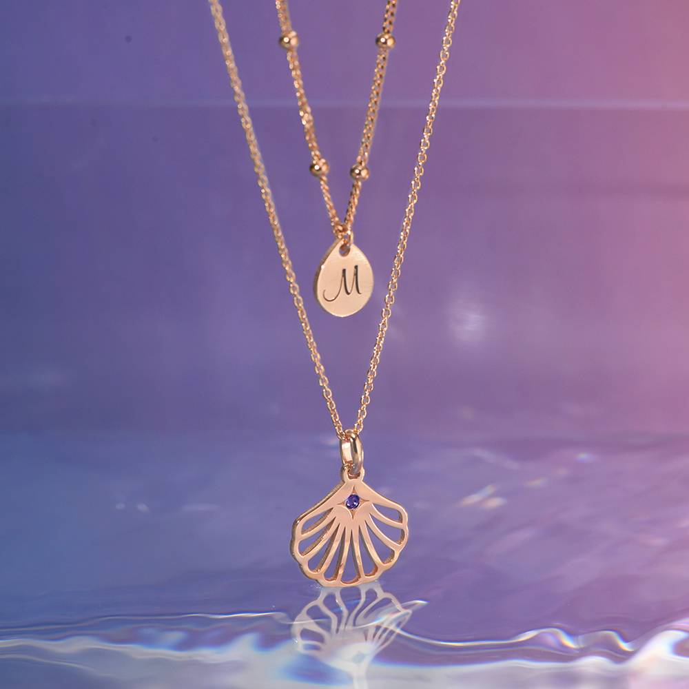 Ariel Shell Initial Necklace with Birthstone in 18K Rose Gold Plating-3 product photo