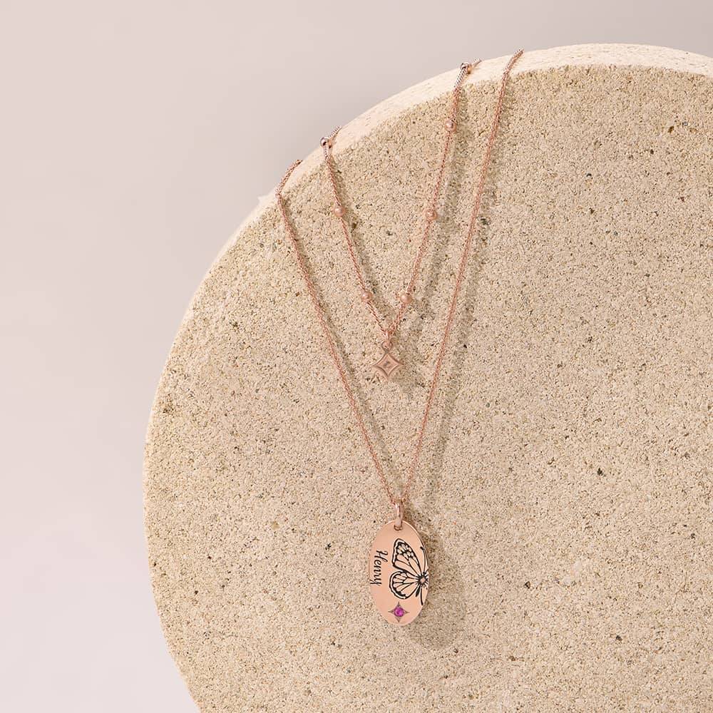 Birth Butterfly & Stone Layered Necklace in 18K Rose Gold Plating-2 product photo