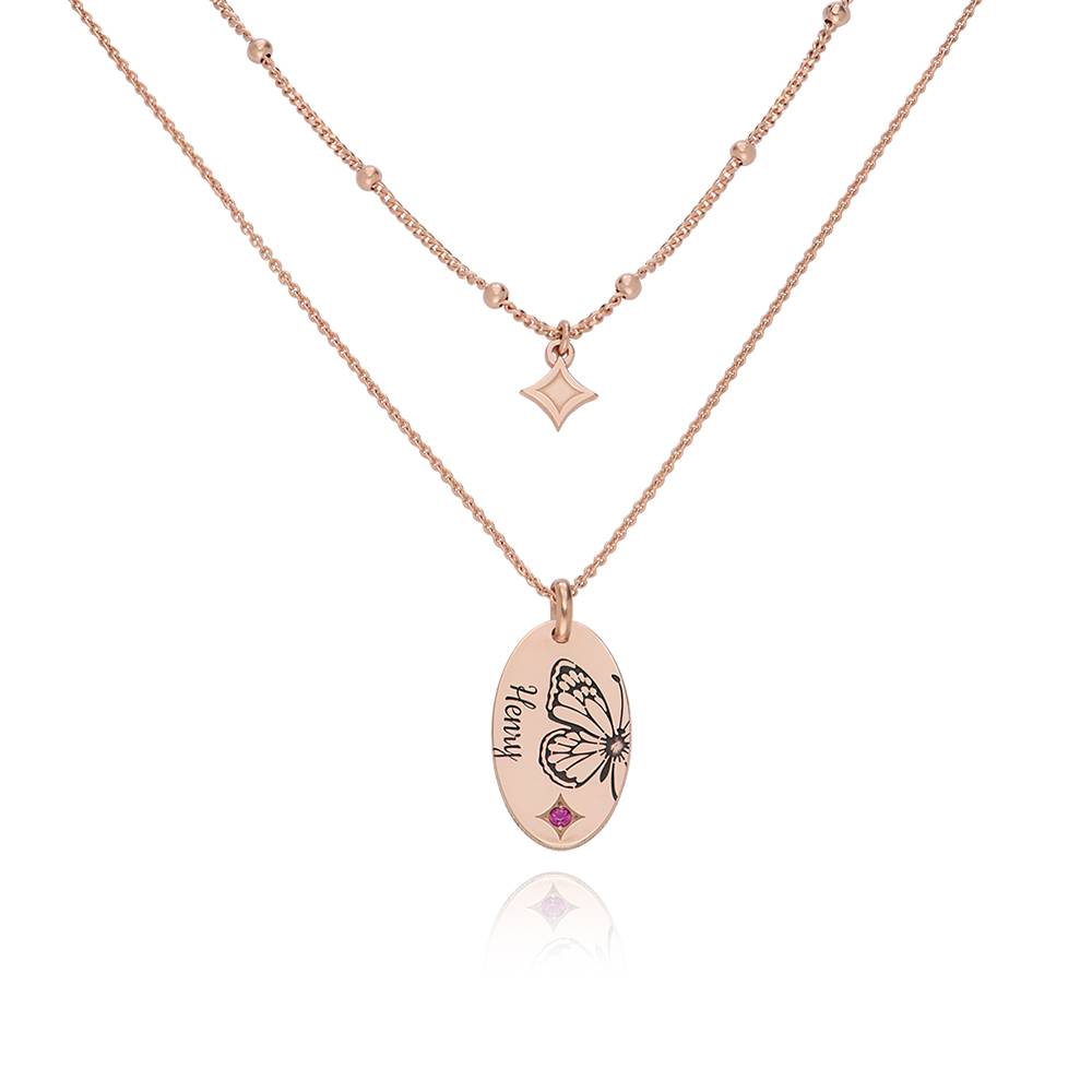 Birth Butterfly & Stone Layered Necklace in 18K Rose Gold Plating product photo