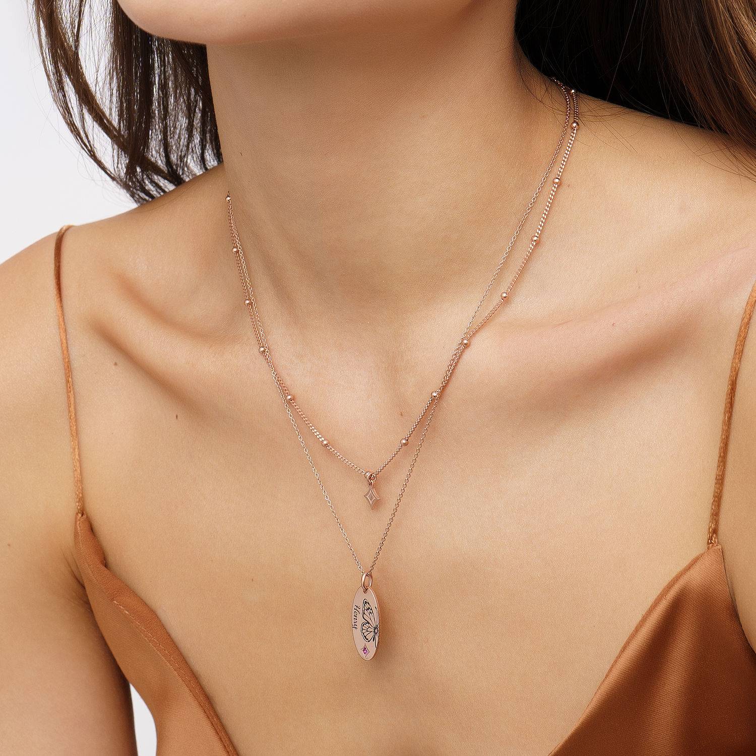 Birth Butterfly & Stone Layered Necklace in 18K Rose Gold Plating-3 product photo