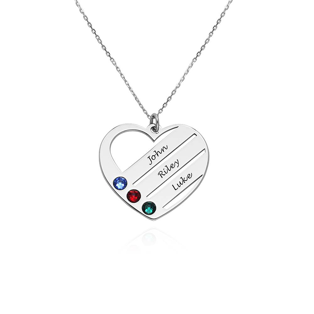 Birthstone Heart Necklace with Engraved Names in 14k White Gold-2 product photo