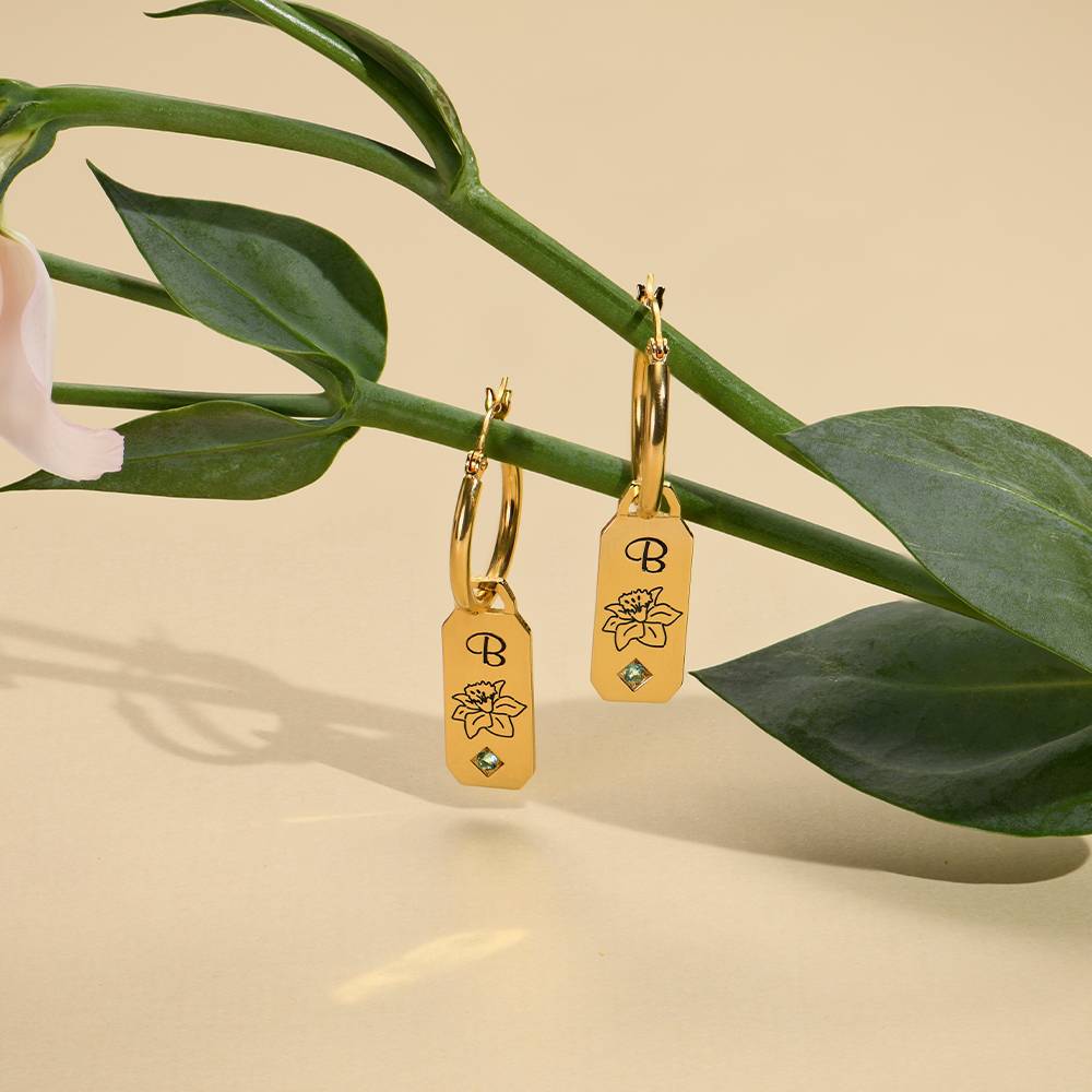 Blooming Birth Flower Initial Hoop Earrings with Birthstone in 18K Gold Plating-4 product photo