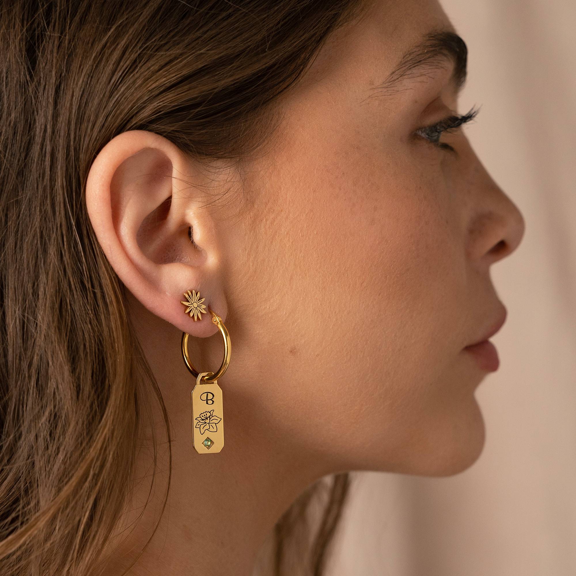 Blooming Birth Flower Initial Hoop Earrings with Birthstone in 18K Gold Plating-2 product photo
