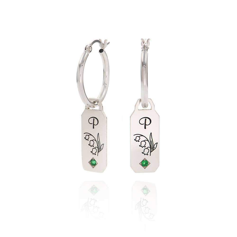 Blooming Birth Flower Initial Hoop Earrings with Birthstone in Sterling Silver-4 product photo