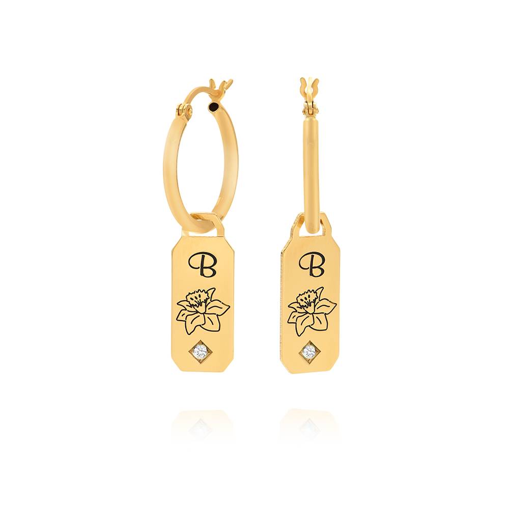 Blooming Birth Flower Initial Hoop Earrings with Diamond in 18K Gold Plating product photo
