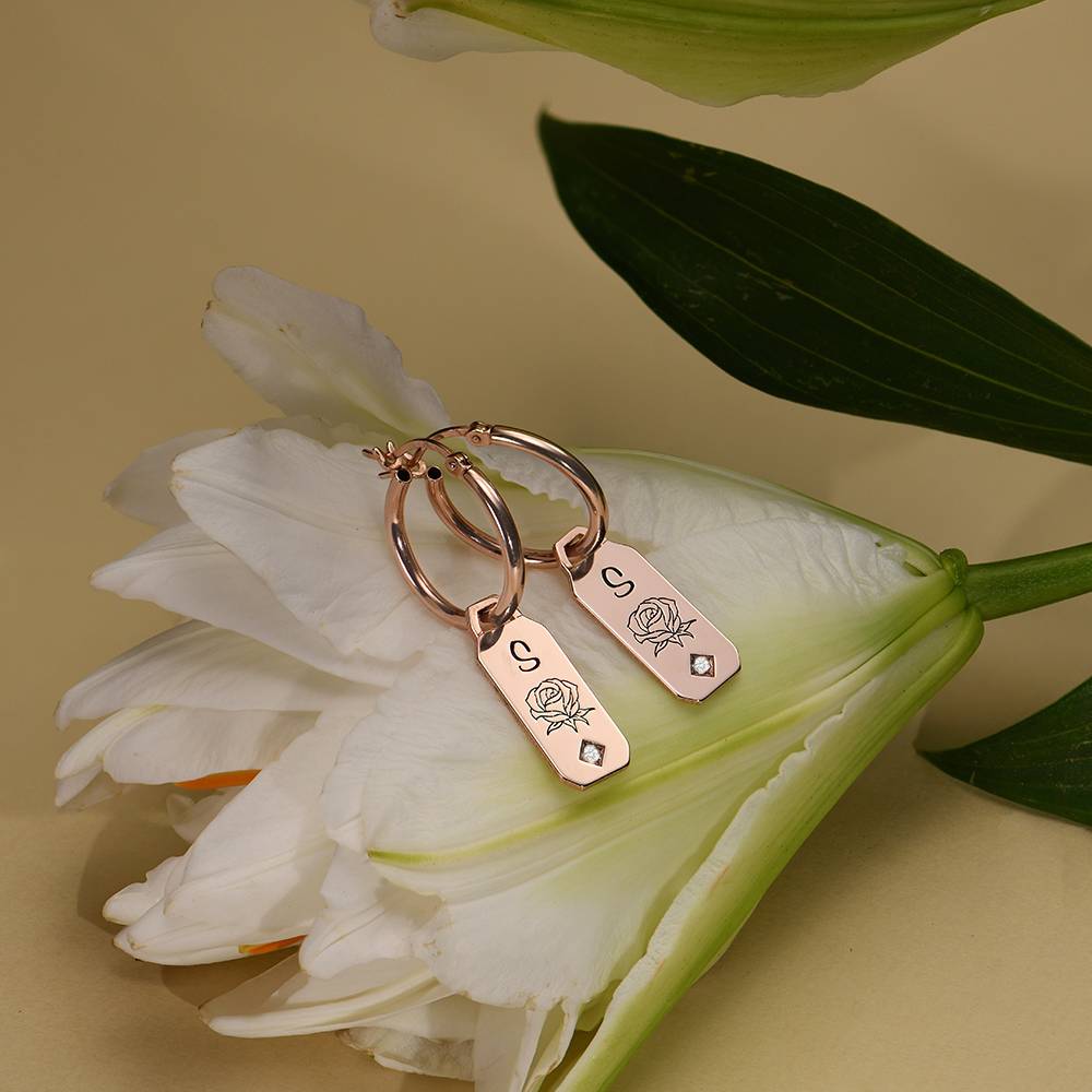 Blooming Birth Flower Hoop Earrings with Diamond in 18K Rose Gold Plating product photo