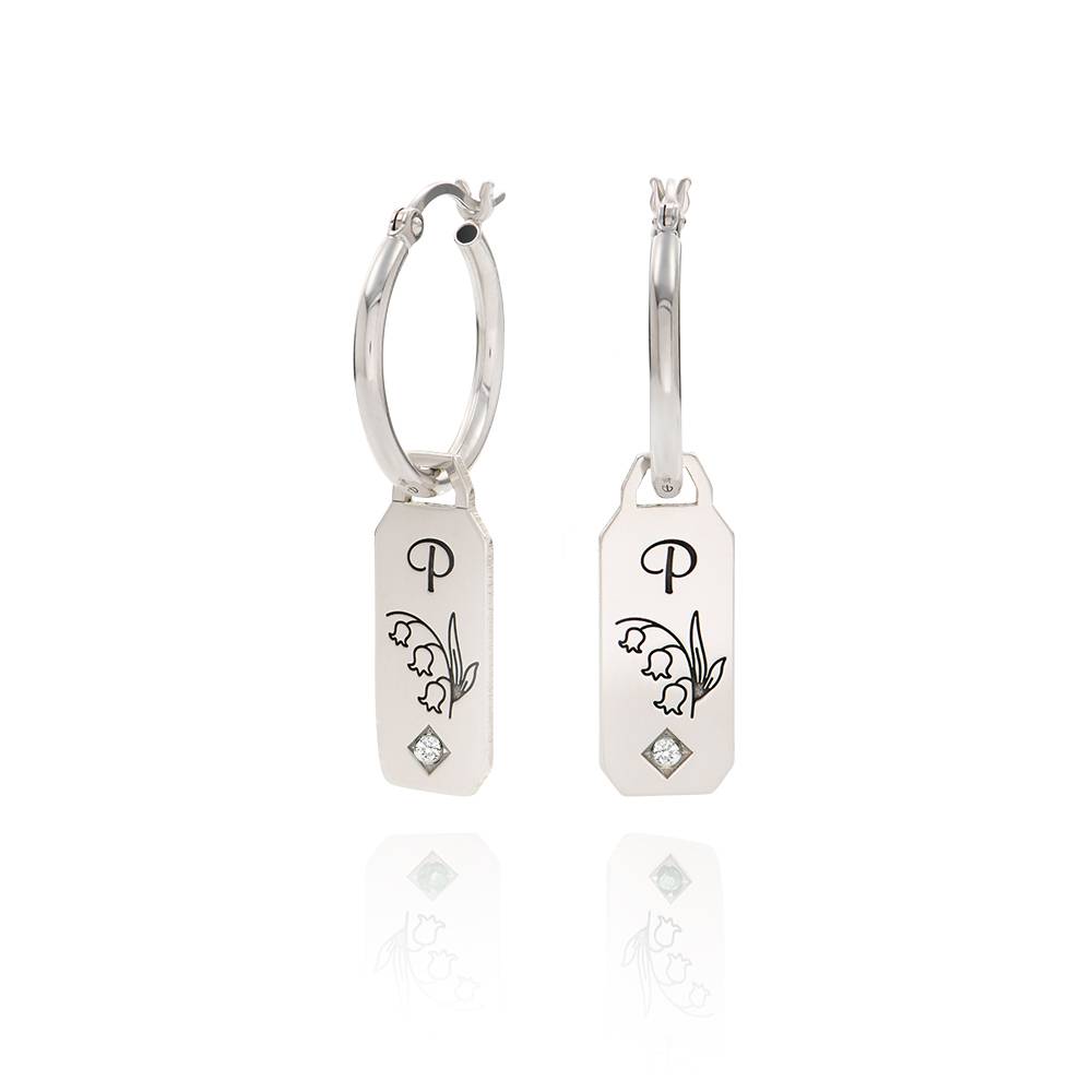 Blooming Birth Flower Initial Hoop Earrings with Diamond in Sterling Silver-2 product photo