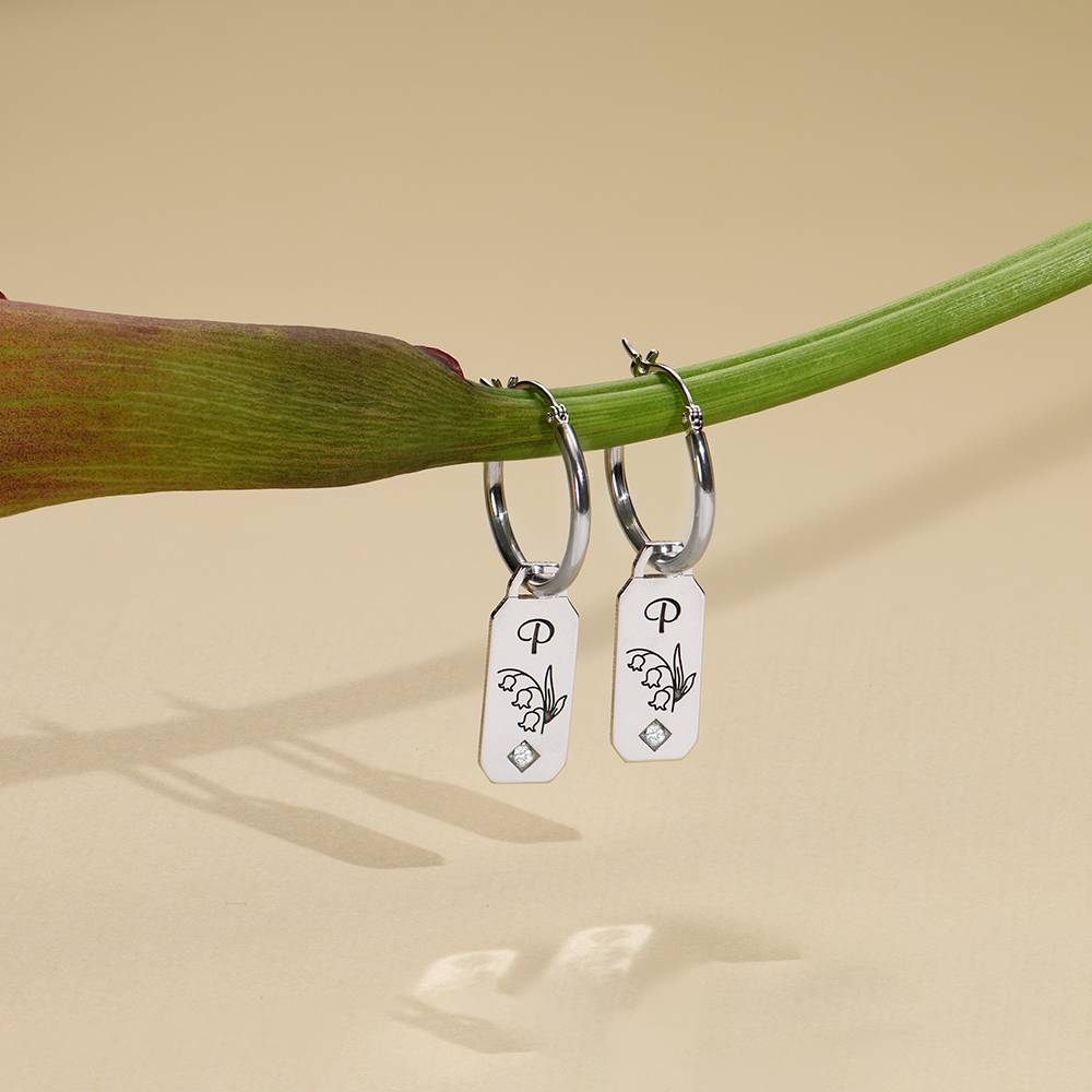 Blooming Birth Flower Initial Hoop Earrings with Diamond in Sterling Silver-3 product photo