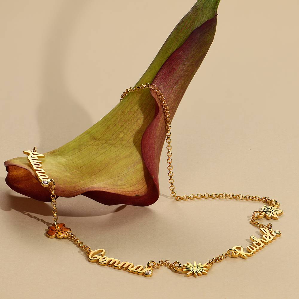 Blooming Birth Flower Multi Name Necklace with Birthstone in 18K Gold Plating-4 product photo