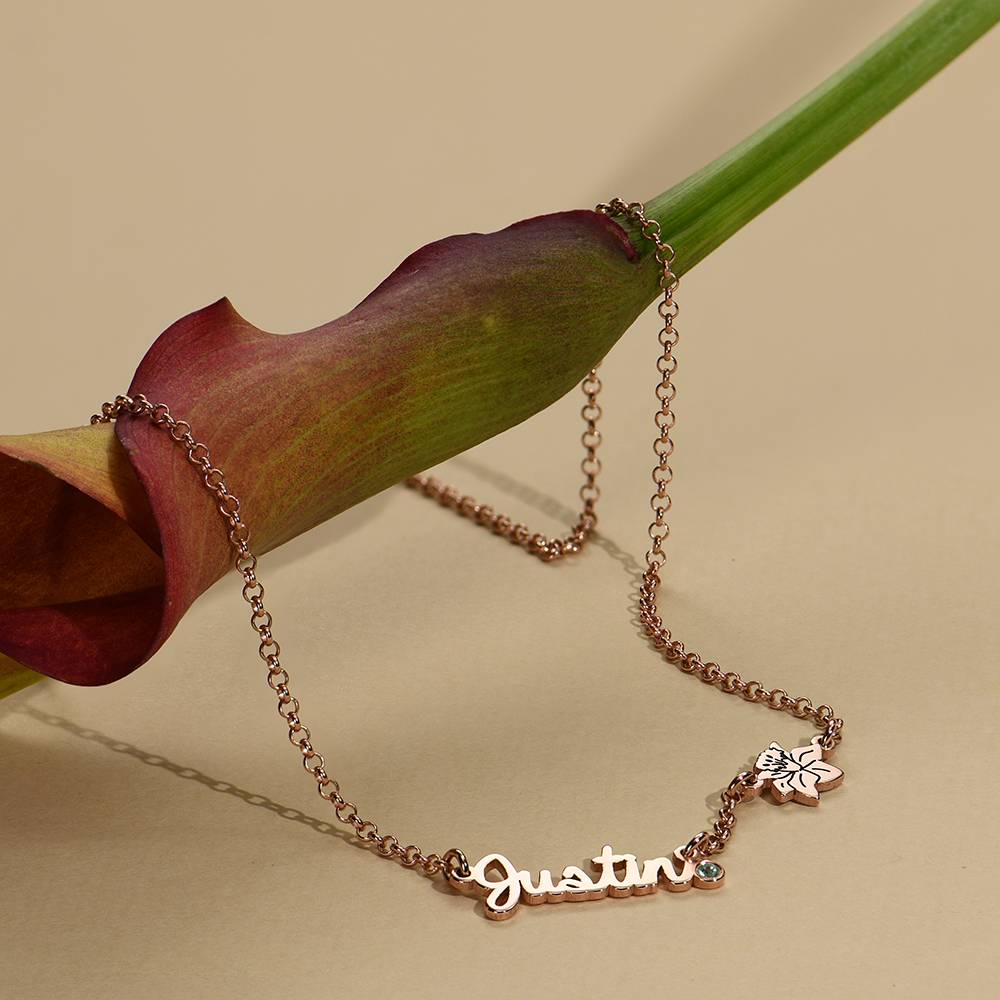 Blooming Birth Flower Multi Name Necklace with Birthstone in 18K Rose Gold Plating-4 product photo