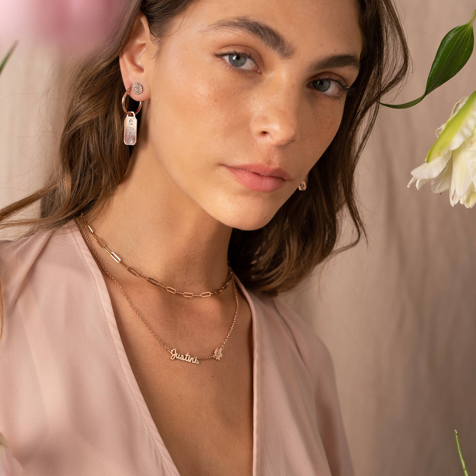 Blooming Birth Flower Multi Name Necklace with Birthstone in 18K Rose Gold Plating-5 product photo