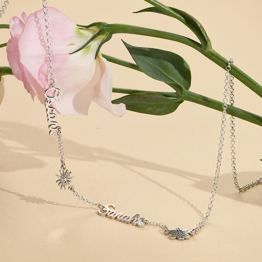 Blooming Birth Flower Multi Name Necklace with Diamond in Sterling Silver-4 product photo