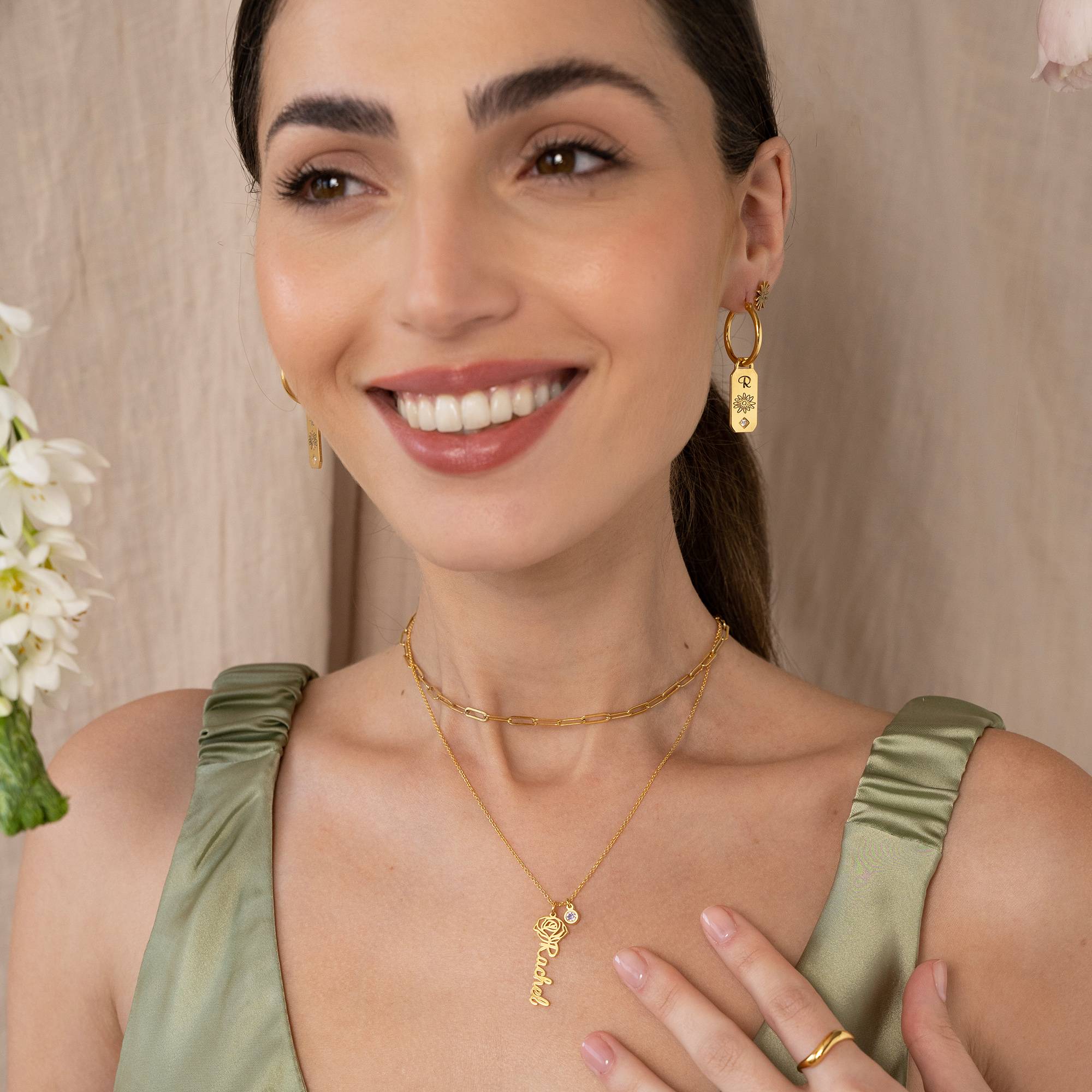 Blooming Birth Flower Name Necklace with Birthstone in 18K Gold Plating-2 product photo
