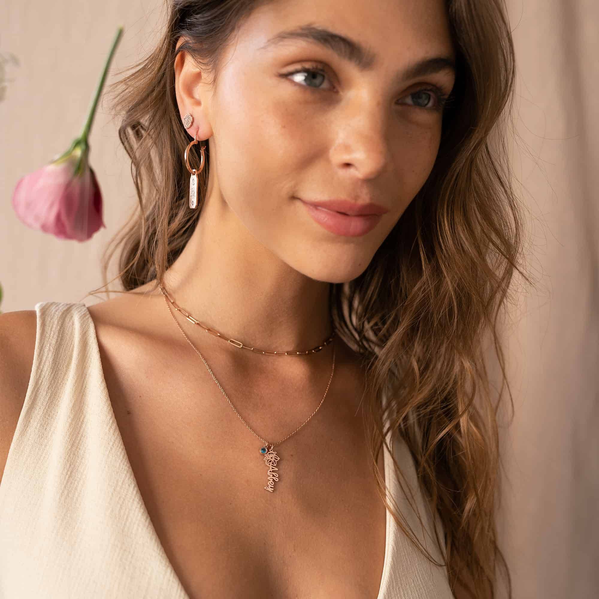 Blooming Birth Flower Name Necklace with Birthstone in 18K Rose Gold Vermeil-4 product photo