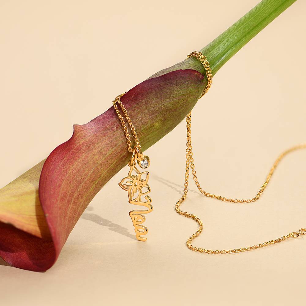 Blooming Birth Flower Name Necklace with Diamond in 14K Yellow Gold-4 product photo