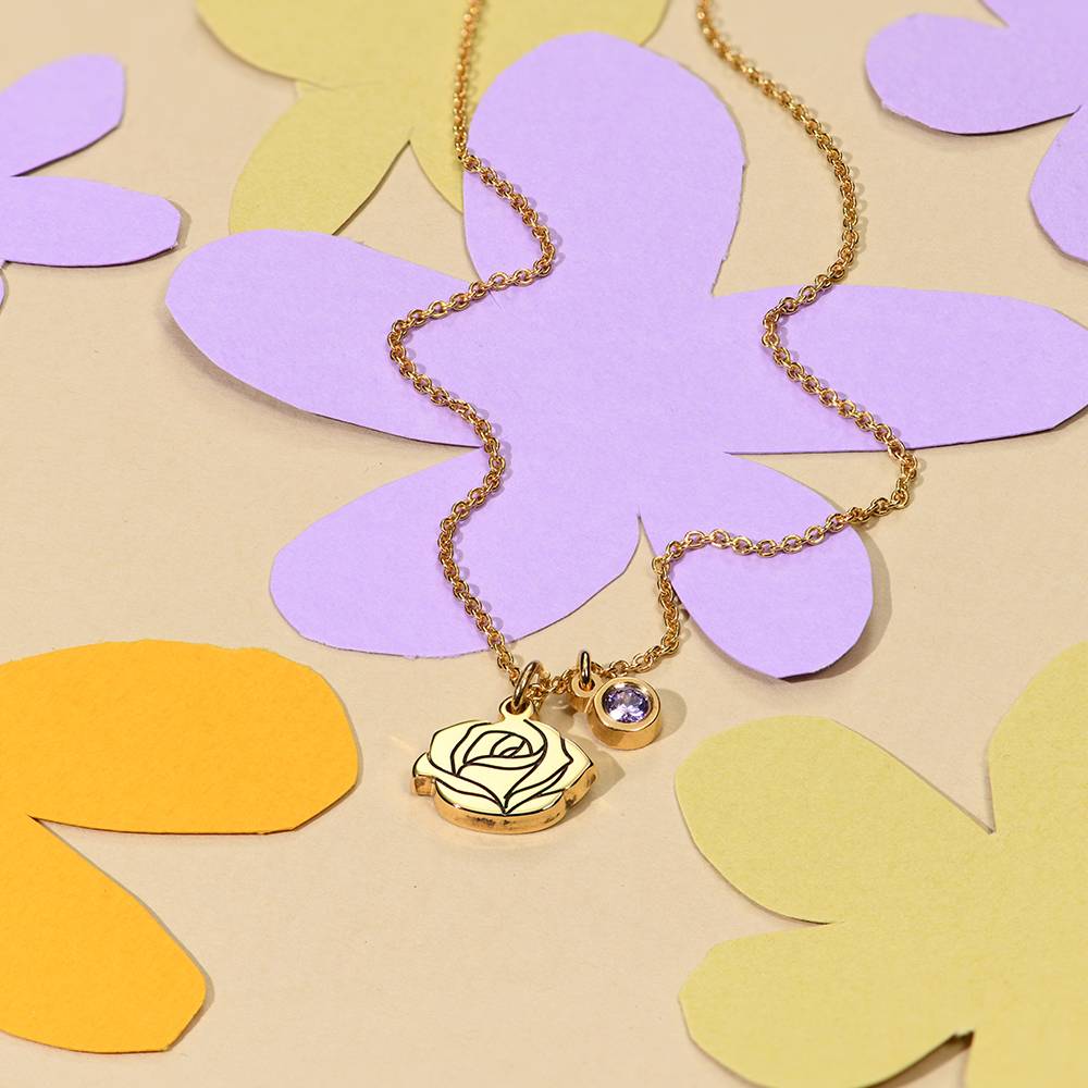 Blooming Initial Birth Flower and Stone Pendant Necklace in 18K Gold Plating-5 product photo