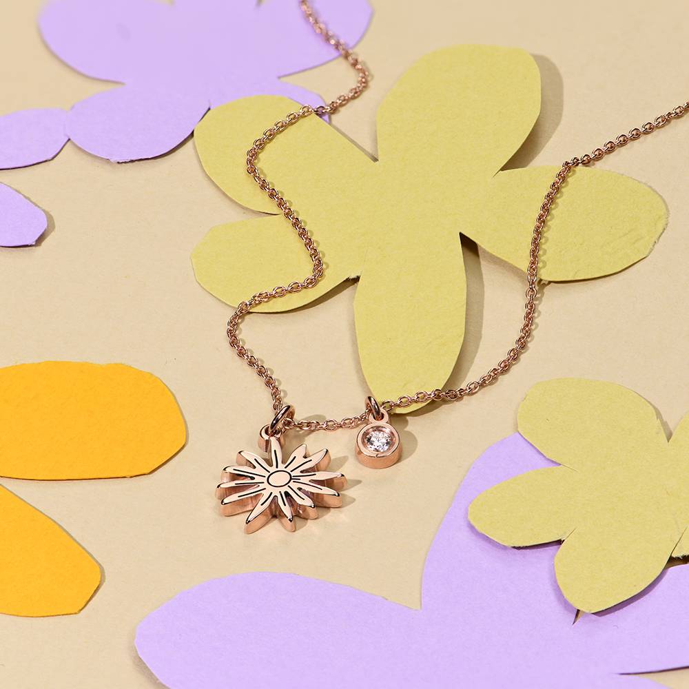 Blooming Initial Birth Flower and Stone Pendant Necklace in 18K Rose Gold Plating-5 product photo