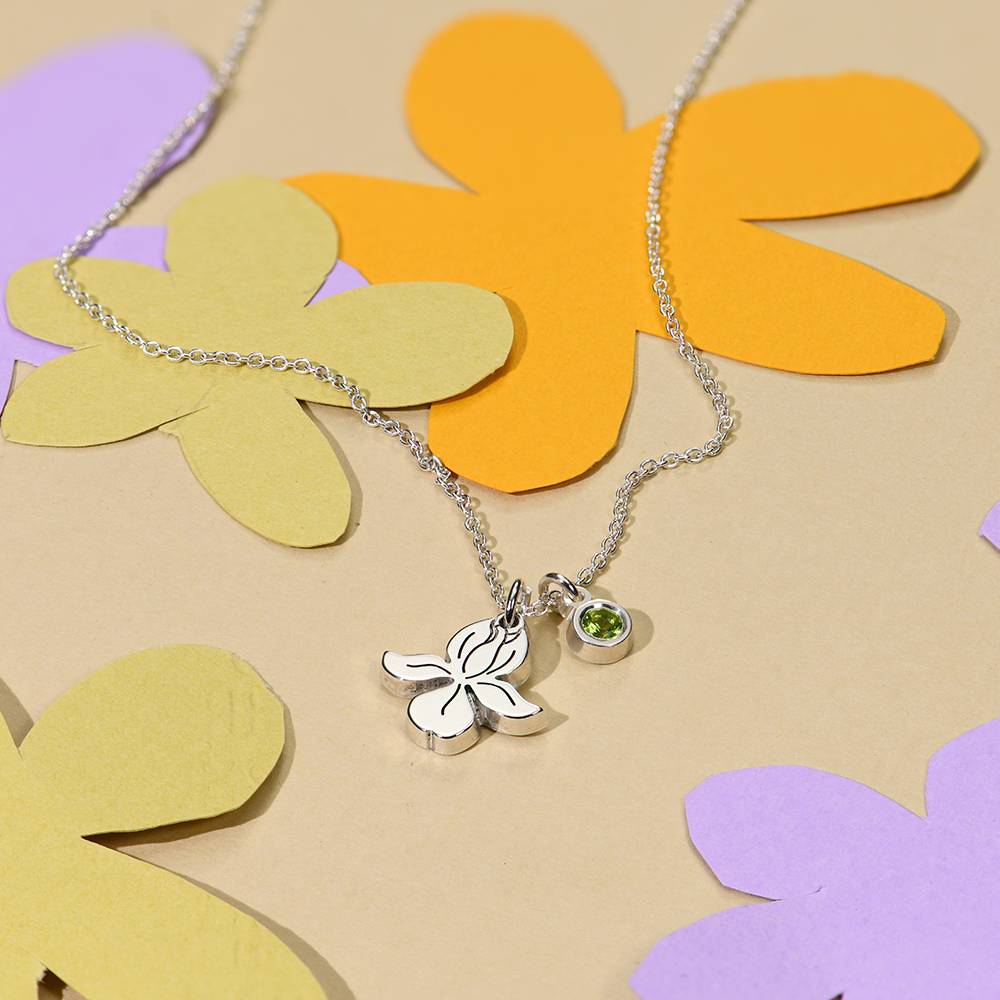 Blooming Initial Birth Flower and Stone Pendant Necklace in Sterling Silver-7 product photo