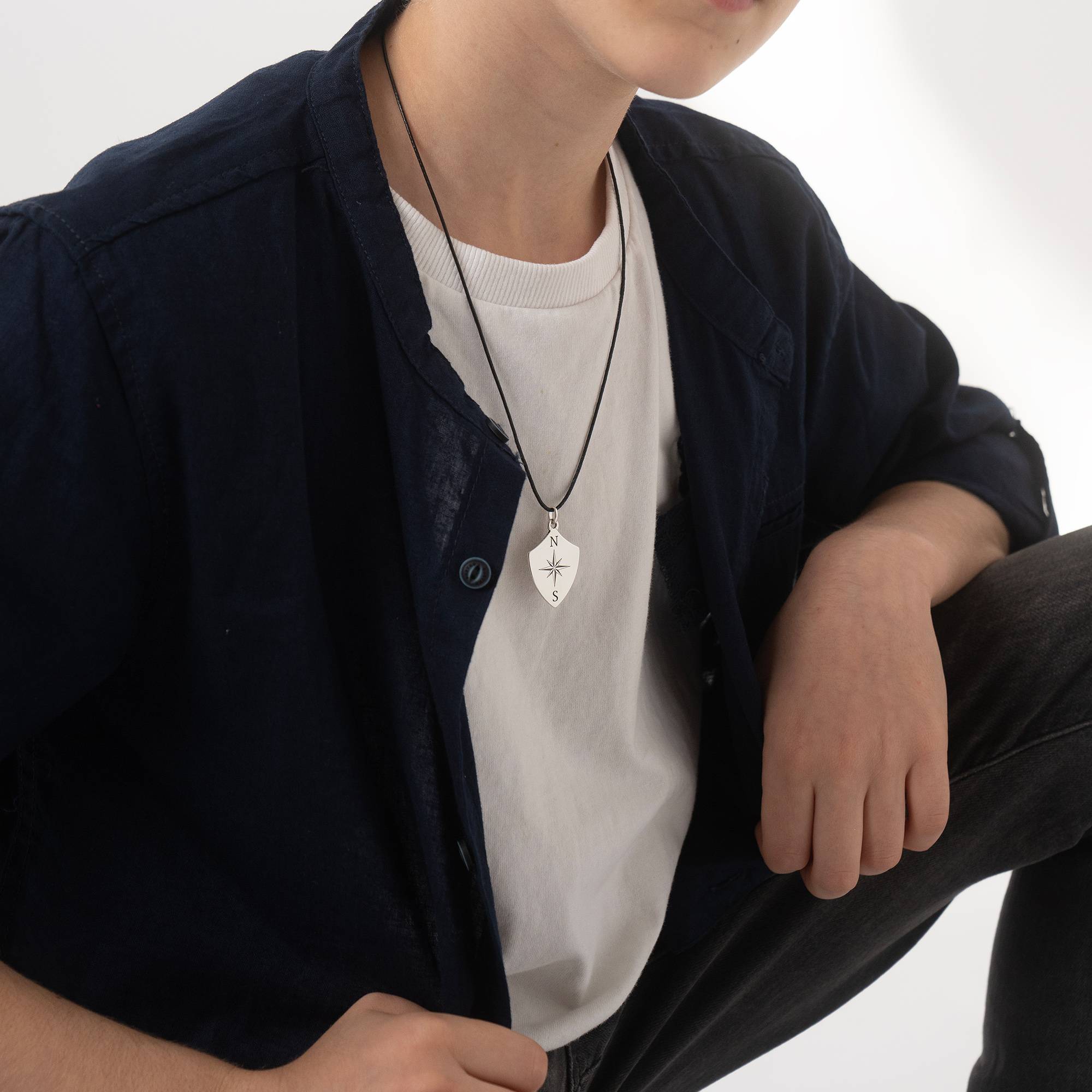 Boys Initial Compass Necklace in Sterling Silver-1 product photo