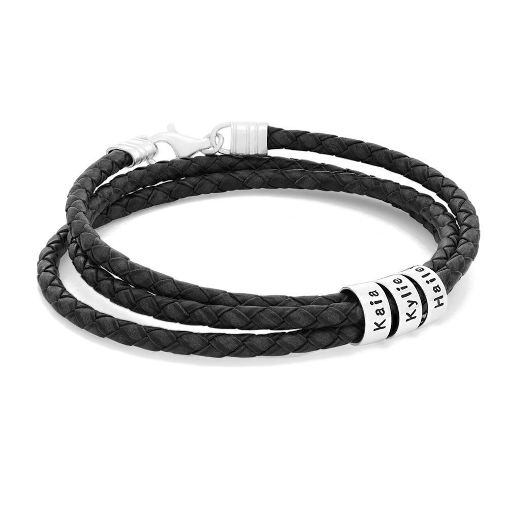 Navigator Braided Leather Bracelet with Small Custom Beads in Silver-4 product photo