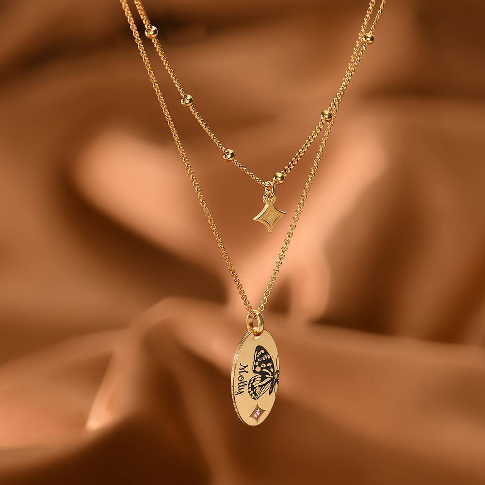 Birth Butterfly & Stone Layered Necklace in 18K Gold Plating-7 product photo