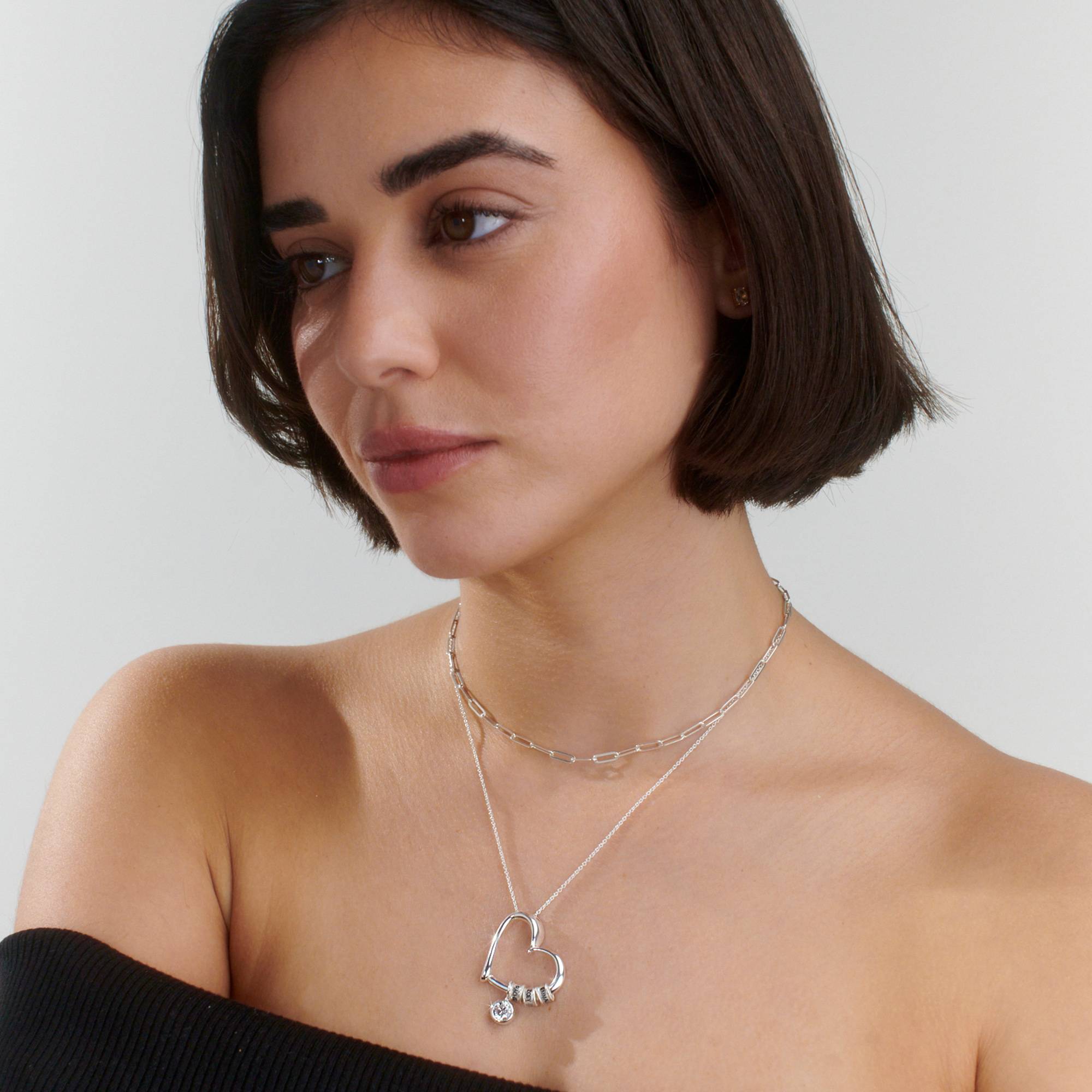 Charming Heart Necklace with Engraved Beads & 1CT Diamond in Sterling Silver-1 product photo