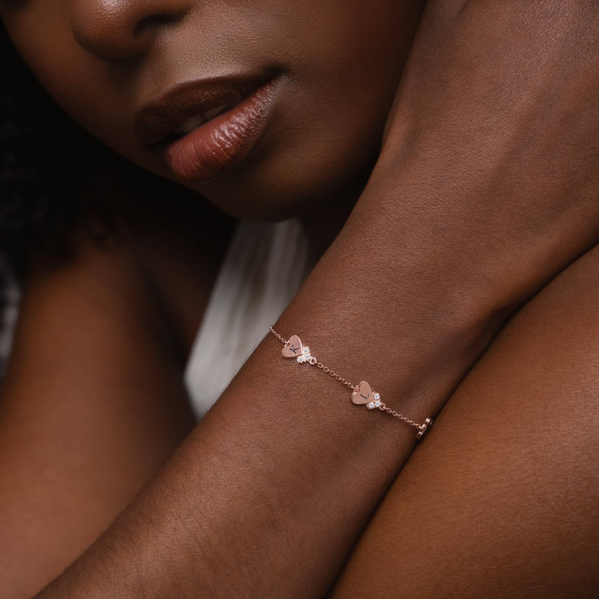 Dakota Heart Initial Bracelet with Diamonds in 18K Rose Gold Plating-1 product photo
