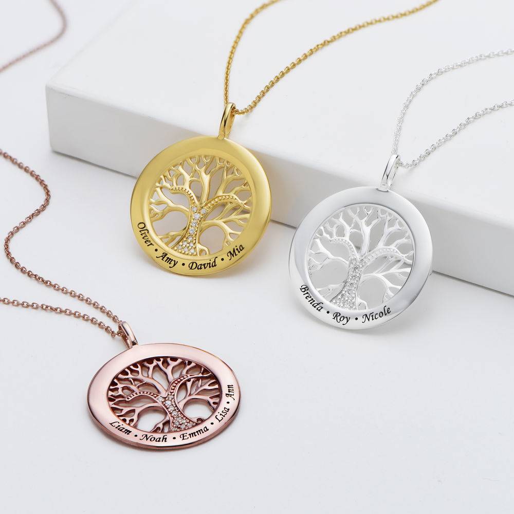 Family Tree Circle Necklace with Cubic Zirconia in Gold Vermeil-2 product photo