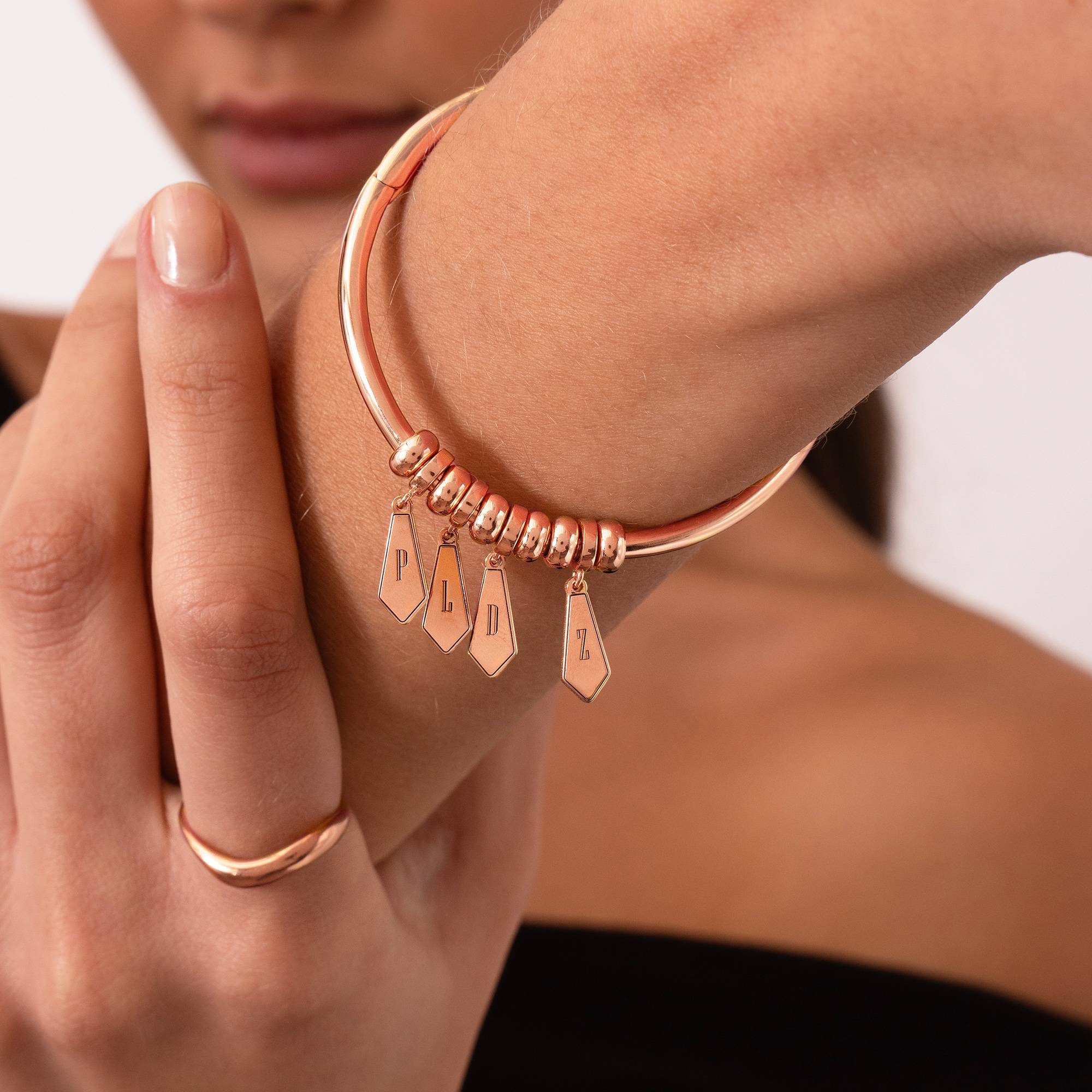 Gia Drop Initial Bangle Bracelet in 18K Rose Gold Plating-5 product photo