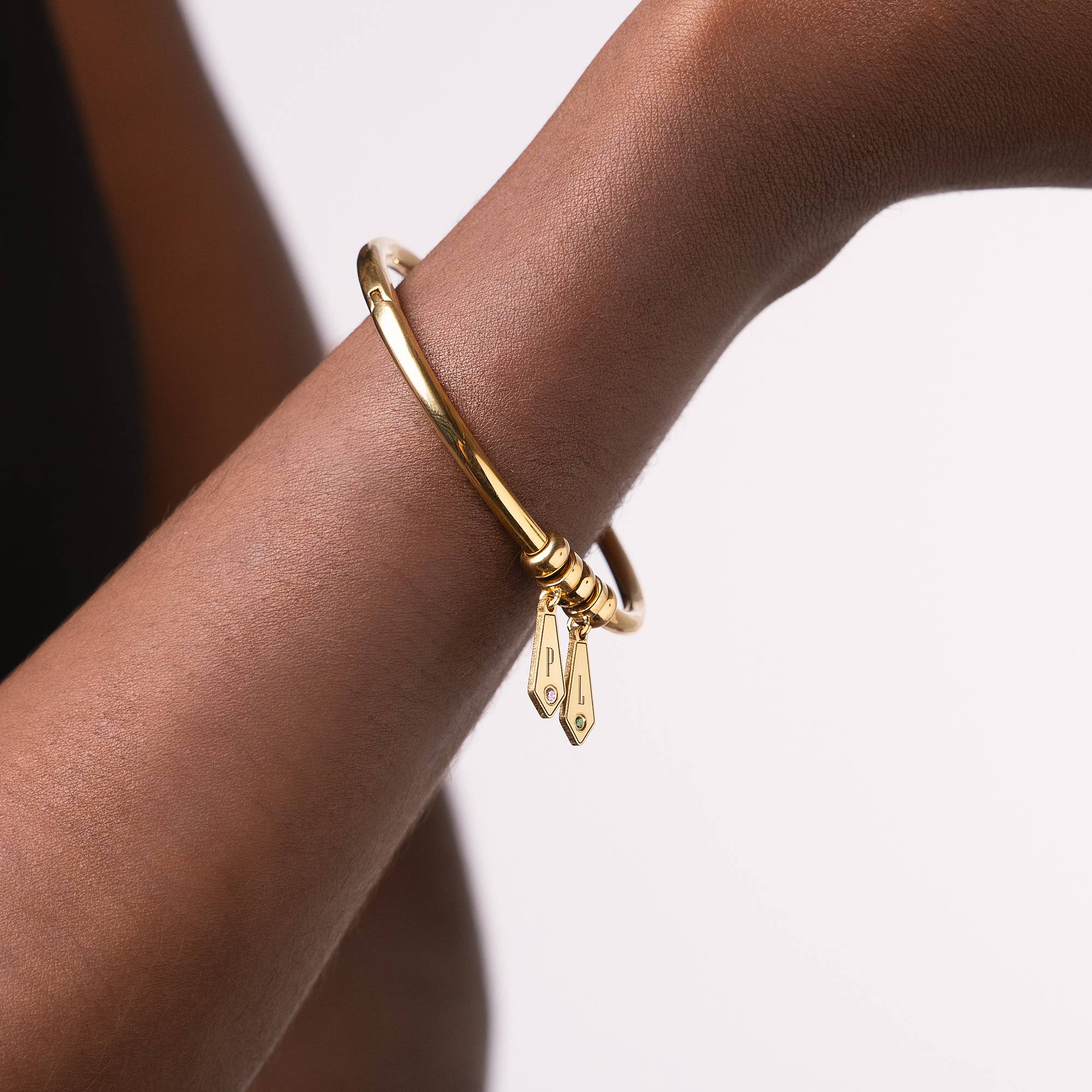 Gia Drop Initial Bangle Bracelet with Birthstones in 18K Gold Plating-3 product photo