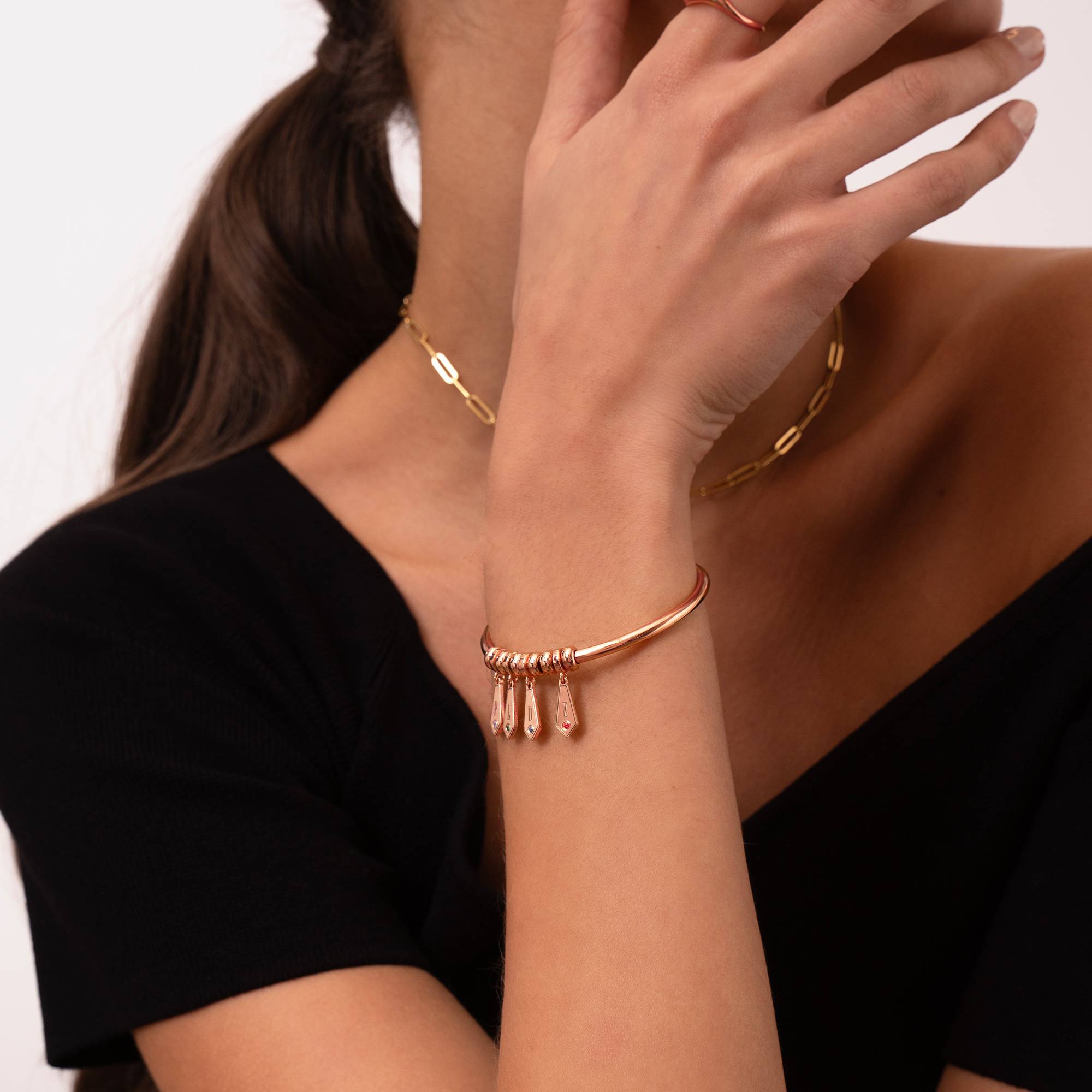 Gia Drop Initial Bangle Bracelet with Birthstones in 18K Rose Gold Plating-4 product photo