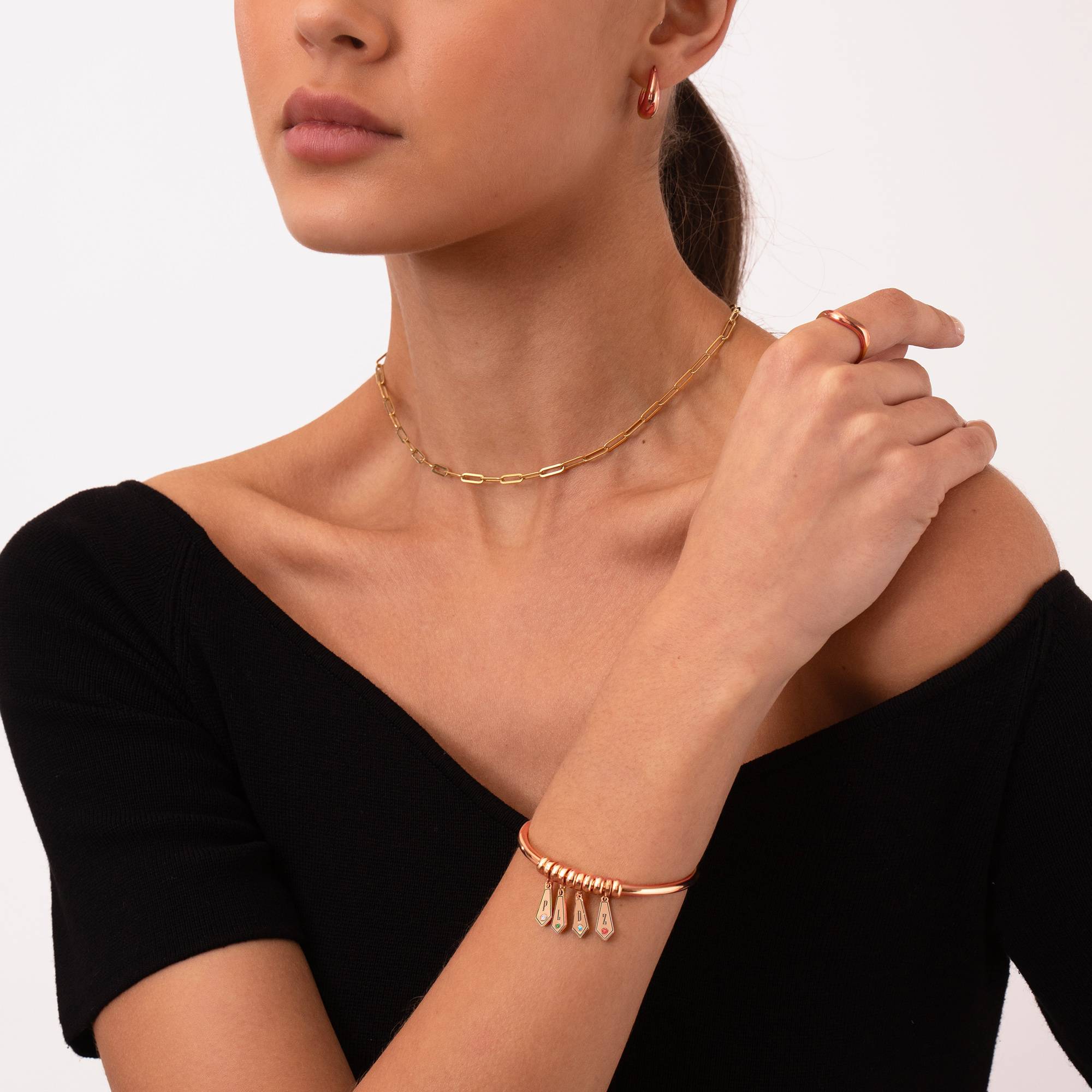 Gia Drop Initial Bangle Bracelet with Birthstones in 18K Rose Gold Plating-3 product photo