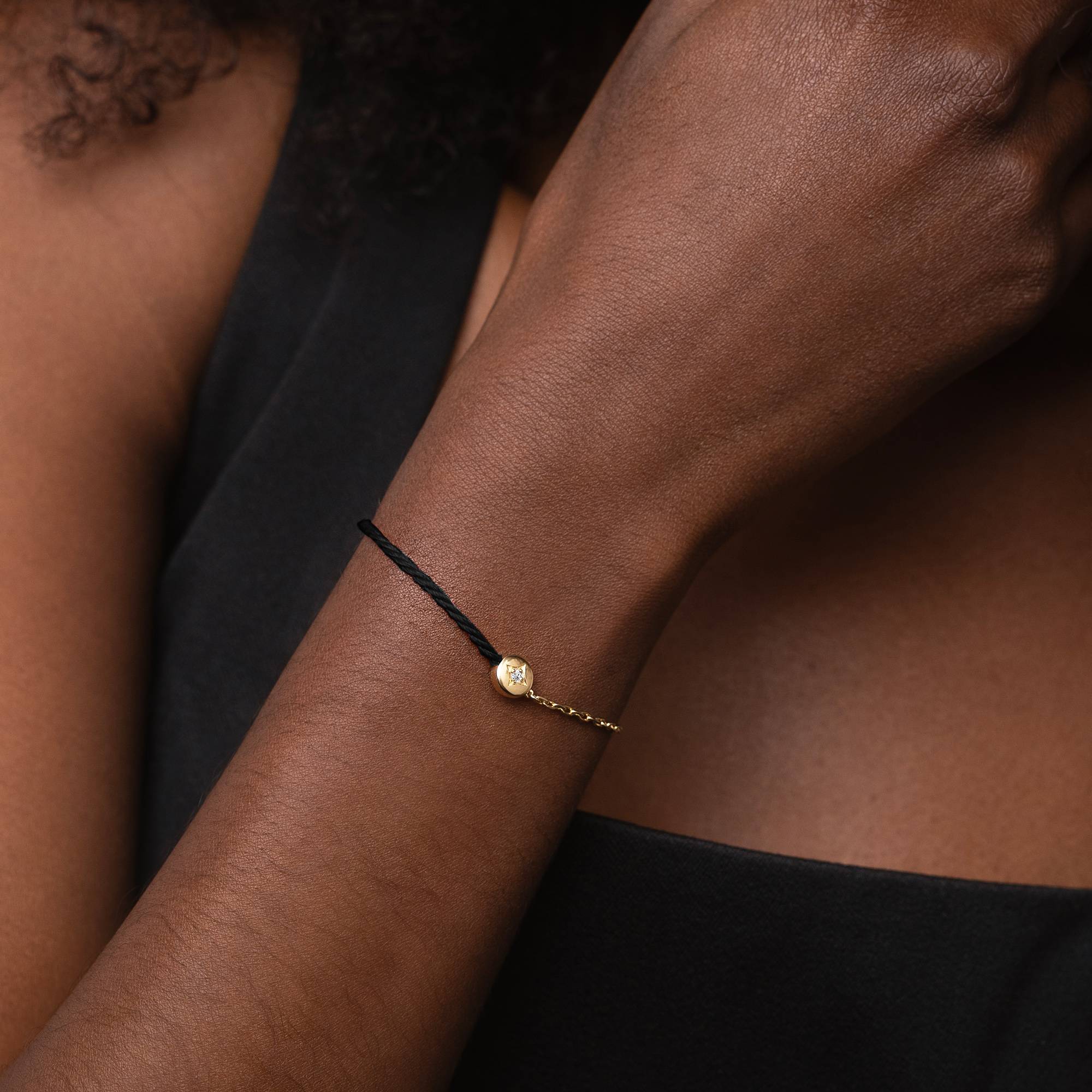 Half and Half Black Initial Bracelet with Diamond in 18k Gold Plating-5 product photo