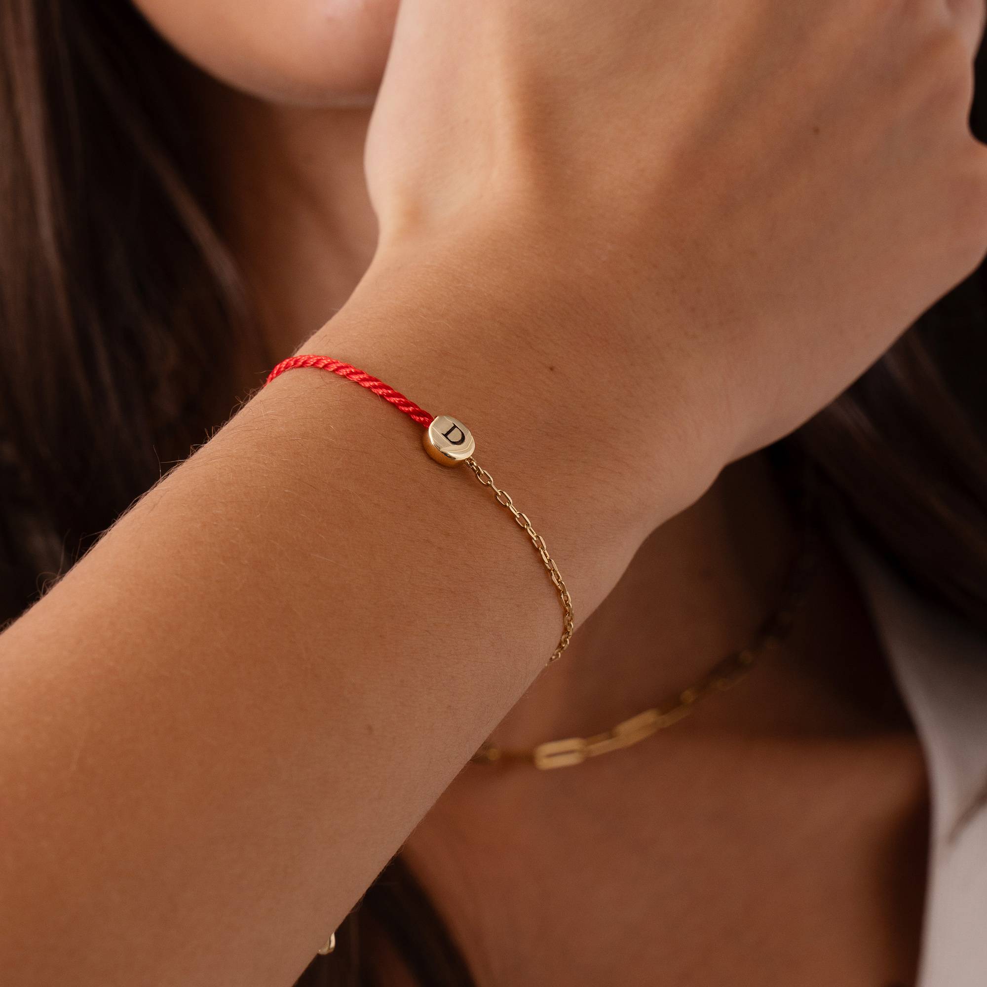 Half and Half Red Initial Bracelet with Diamond in 18k Gold Plating-7 product photo