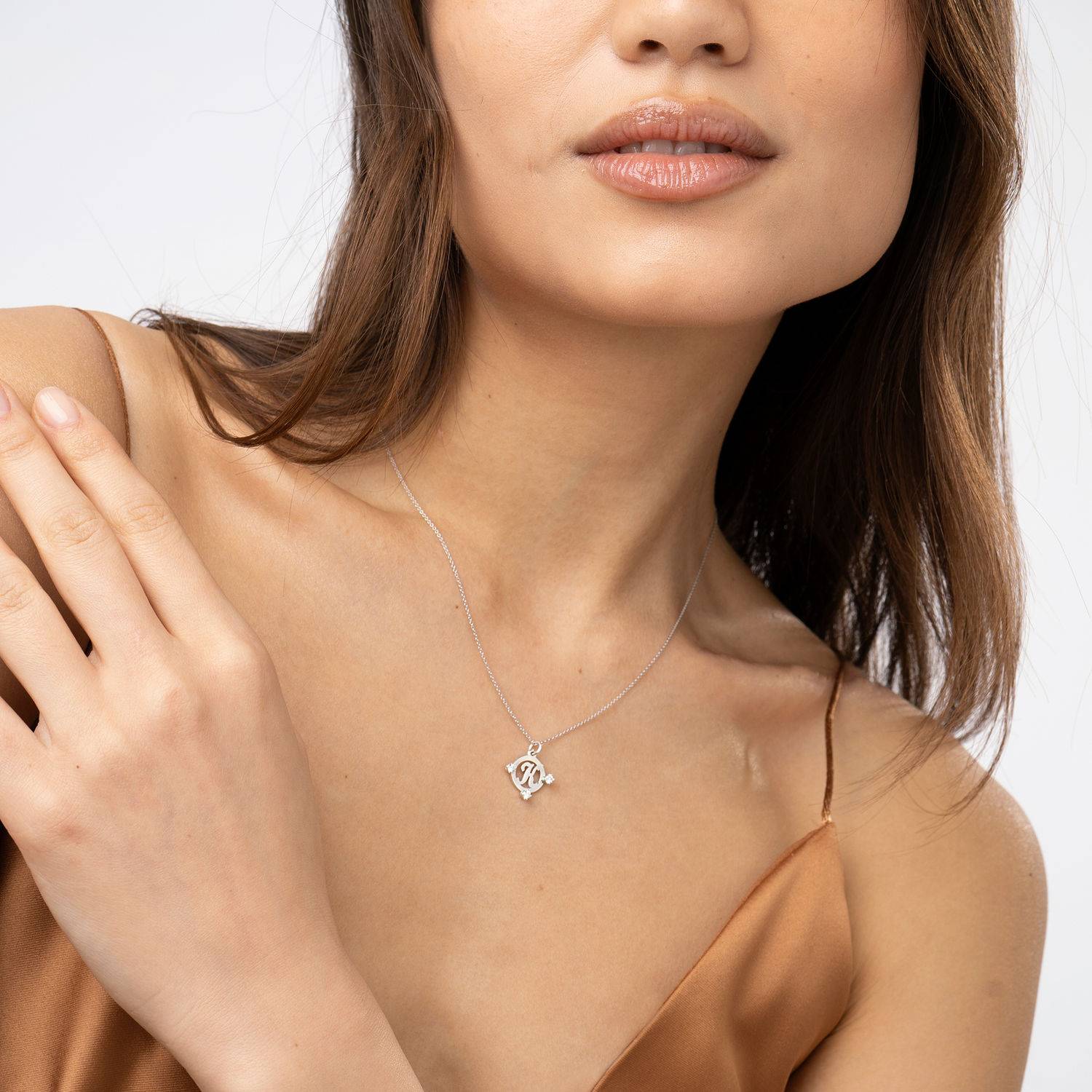 Halo Inital Necklace with 0.15ct Diamonds in 14K White Gold-5 product photo